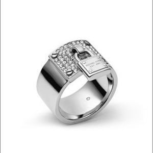 Michael Kors Silvertone Crystal Padlock Ring SZ 6
